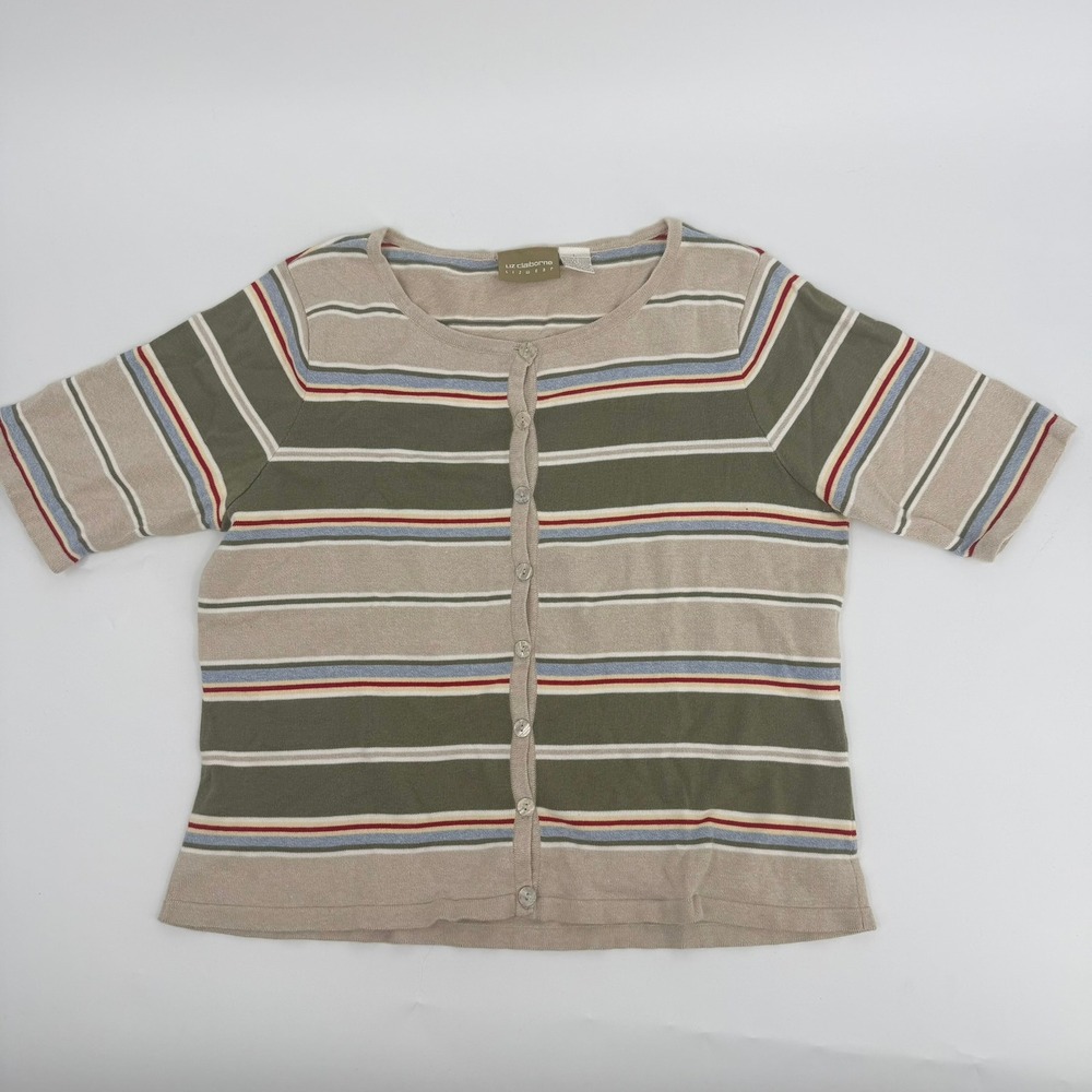 Liz Claiborne Cardigan Sweater Striped 90s Vintage Women Large Beige Green Multi